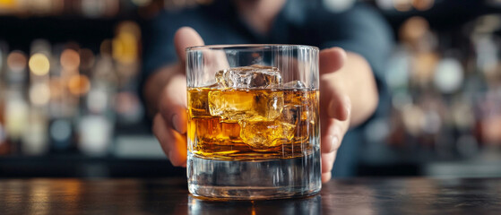 Hands holding a whiskey glass with large ice cubes in a bar.
Ideal for articles about drinking culture, bar or restaurant adverts, and blogs about cocktails and drinks.