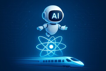 AI Agent education concept Robot flying over atom symbol on futuristic blue science background Chatbot AI learning and technology innovation illustration