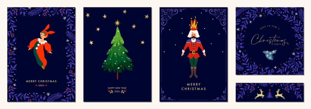 Christmas vector templates. Winter Holiday cards with decorative Christmas Tree, Nutcracker, Elf, Dove, reindeers, ornate floral background and frame with copy space and greetings.