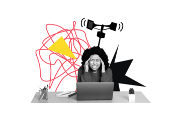 Composite trend artwork sketch image photo collage of office worker young lady stress overloaded laptop remote loudspeaker proclaim mess