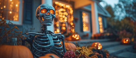 Glowing skeleton with pumpkins on the background of a decorated house: perfect for Halloween articles, holiday cards, event design and themed social media posts.