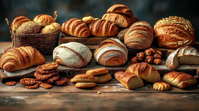 Assorted Freshly Baked Bread and Pastries on Rustic Wooden Table, Bakery Concept for Food Packaging, Menu, Cafe and Culinary Design