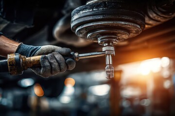 Skilled mechanic's hand, gloved, tightening a car part with a wrench tool.