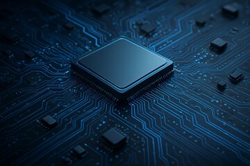 Circuit board closeup showing digital chip and processor on motherboard Futuristic technology background
