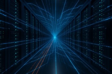 Corridor in data center with rack servers and highspeed internet visualization projection Modern digital network background