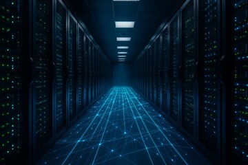 Corridor in data center with rack servers and highspeed internet visualization projection Modern digital network background