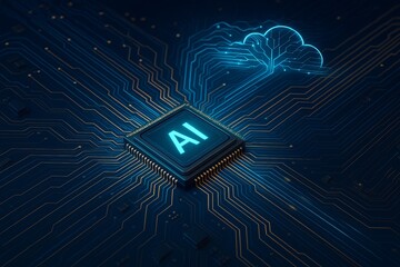 Advanced technology visualization of circuit processor microchip activating AI digital neural network and cloud computing data lines animation