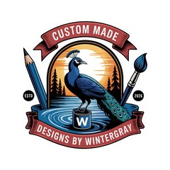 Custom made designs peacock logo illustration featuring sunset and creative design elements