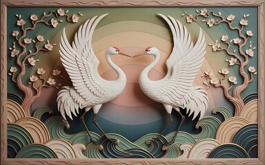Elegant artwork featuring two white cranes in a romantic embrace amidst sakura blossoms