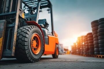Orange industrial forklift wheel with stacked tires, sunlit warehouse yard.