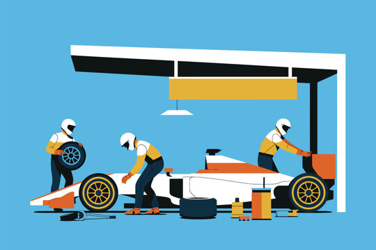 Motorsport Pit Stop Vector Illustration &ndash; Racing car and crew working in high-pressure conditions, capturing the energy, motion, and precision of professional auto racing events.