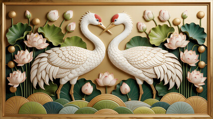 Elegant relief art depicting two cranes and lotus flowers in a traditional asian style