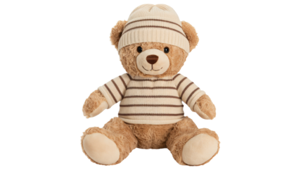 Adorable teddy bear wearing a striped hat and sweater is so lovable