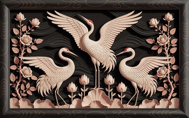Intricate 3d relief artwork featuring graceful cranes and delicate floral elements within a frame