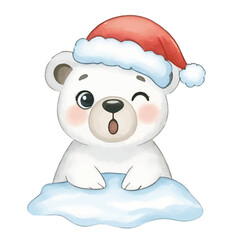 Happy Cartoon Polar Bear in Santa Hat and Scarf