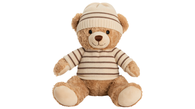 Adorable teddy bear wearing a striped hat and sweater is so lovable