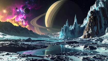 Vibrant cosmic landscape of an icy alien planet, showcasing a majestic ringed gas giant under a colorful nebula sky, with dramatic ice formations and reflective surfaces, an epic space vista