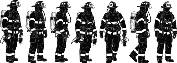 Firefighter Vector Set – Seven Views in Full Protective Gear with Helmet, Mask, and Breathing Apparatus for Emergency Design Themes