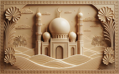 Intricate beige 3d illustration of an islamic mosque with stylized desert landscape