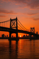 Fototapeta premium Steel arch bridge over river at sunset with city skyline in the background