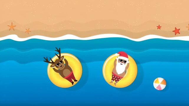 cute santa claus and deer relaxing on float ring in water on the beach illustrated animation