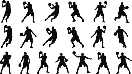 Basketball Silhouette Vector Set – 18 Dynamic Poses of Players Dribbling, Shooting, Passing, and Defending for Sports Design Themes