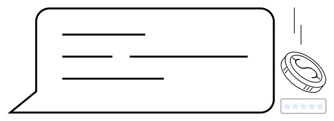 Speech bubble with text lines, coin symbolizing reward, and rating stars at the bottom. Ideal for feedback, review systems, rewards, user engagement, surveys gamification digital marketing. Simple