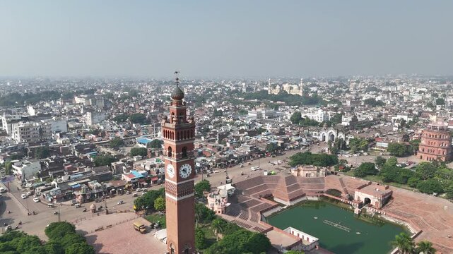 Aerial shot of clock tower in Husainabad, Lucknow, Uttar Pradesh, India