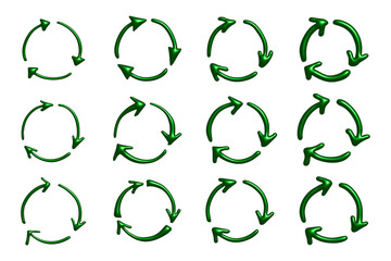 Set of 3d recycle arrow icon Recycling resources symbol Reuse of materials, zero waste, green environment, saving the planet