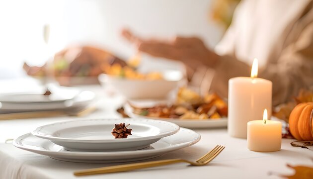 Elegant Thanksgiving Dinner Table Setting with Candles, Gold Cutlery, and Festive Decoration