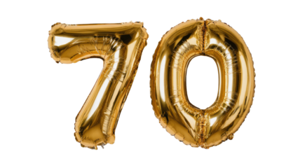 Golden font letter 70 with shiny metallic surface and reflective elegant 3D texture in bright style, isolated on white background