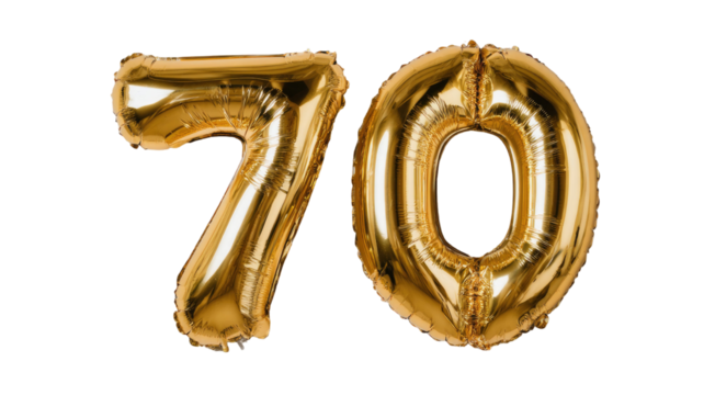 Golden font letter 70 with shiny metallic surface and reflective elegant 3D texture in bright style, isolated on white background