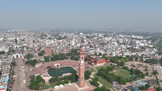 Aerial shot of clock tower in Husainabad, Lucknow, Uttar Pradesh, India