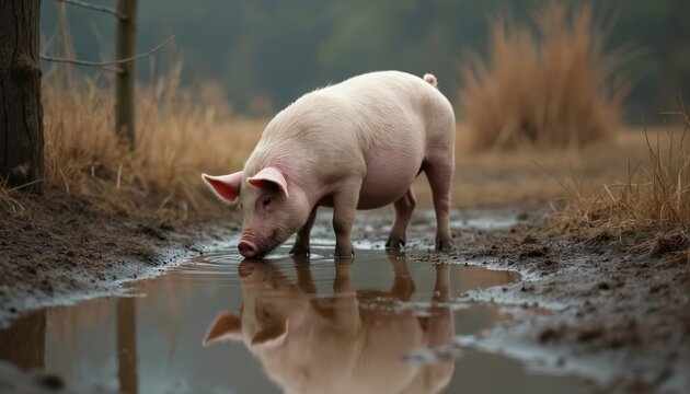 A pig drinks water from puddle in muddy field. The pig has pink ears skin and reflects in the water. Rural scenery with wooden fence. Moody photo of domestic animal.