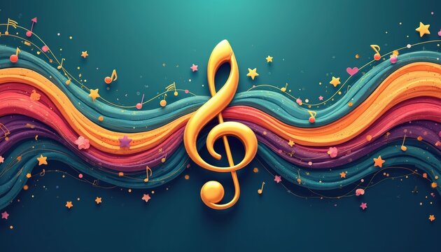 Golden treble clef floats over abstract colorful wavy sound stream with musical notes and stars. Festive background for melody creation celebration. Abstract illustration art.