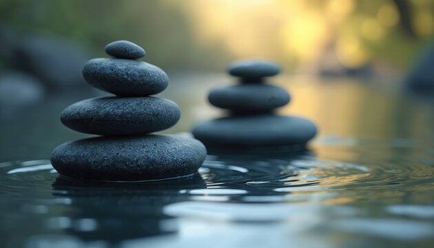 Zen stones stacked on water surface. Grey rocks pile, calm water ripples. Concept of wellness meditation therapy balance harmony, used in spa salon, yoga or beauty center. Piles of stones.