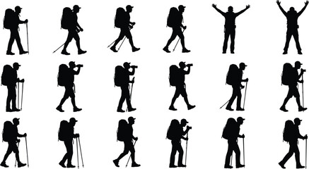 Hiking Silhouette Vector Set – 16 Outdoor Poses with Backpack, Cap, and Poles for Nature Travel, Trekking, and Adventure Themes