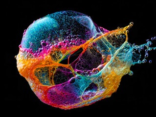 Vibrant abstract soap bubble explosion with colorful swirling patterns and intricate textures against a black background