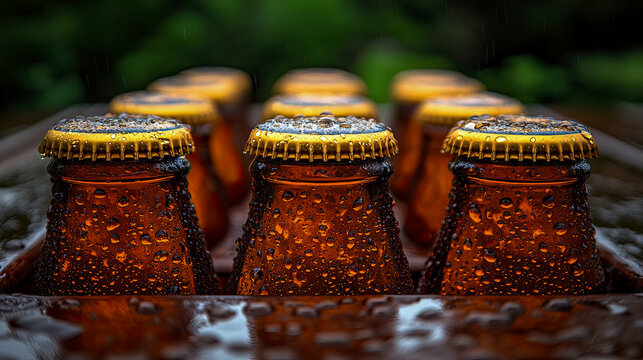 Close-up of multiple amber glass bottles, glistening with refreshing water droplets and golden caps, captured during gentle rain shower in soft, blurred outdoor green natural setting.