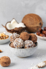 Homemade vegan healthy sugar-free candies made from dried fruits and nuts. Healthy eating.