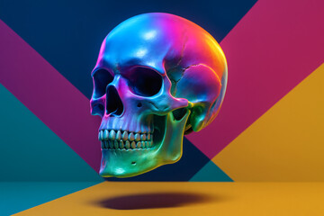 A vibrant iridescent skull rests against a colorful geometric background
