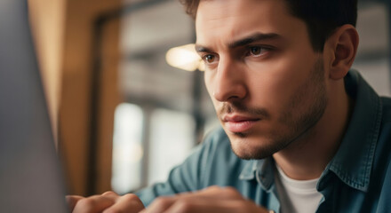 Concentrated man working on laptop. Young male entrepreneur focused on computer task. Productivity and distant work concept.
