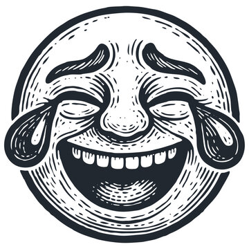 A laughing emoji with tears of joy. Funny round face in a detailed vintage woodcut or engraving style. Monochrome vector illustration for memes or print.