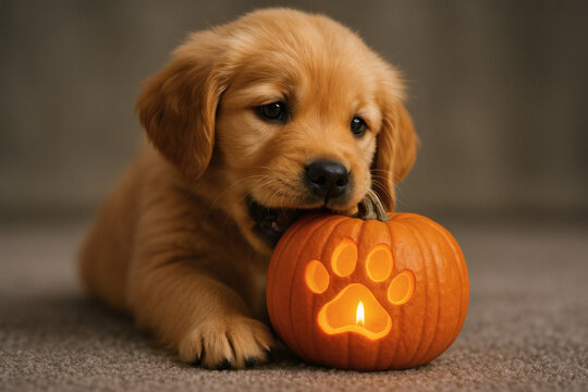 Adorable golden retriever puppy curiously sniffing a carved halloween pumpkin with a paw print design - Powered by Adobe