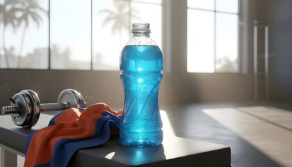 Blue electrolyte drink bottle with towel and dumbbell in gym setting, symbolizing hydration and fitness.