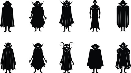 Vampire silhouette bundle with capes, claws, and spooky poses, Halloween horror character vector set for gothic undead illustration themes