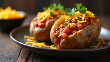 Close up photo of baked potatoes filled with beans cheddar cheese. Classic British comfort food meal. Rustic dish on wooden surface perfect for lunch dinner snack.