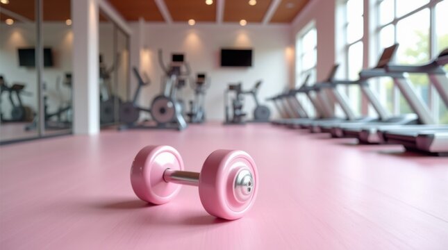 Mancuerna rosa con brillo met&aacute;lico colocada sobre un suelo de gimnasio de color rosa pastel suave