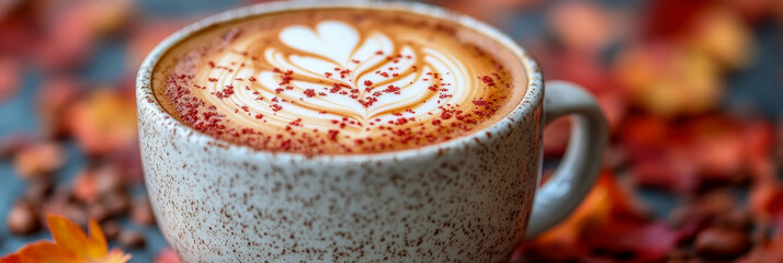 Warm autumn spiced latte with beautiful heart-shaped latte art and red sprinkles in rustic speckled mug, set amidst vibrant fall foliage and scattered coffee beans