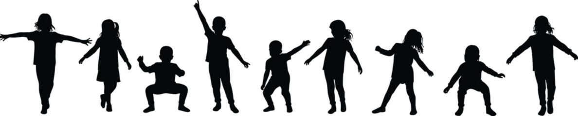 Silhouette of children playing together, happy kids, childhood fun, outdoor activity, friendship, freedom, motion, joyful expression, active lifestyle illustration